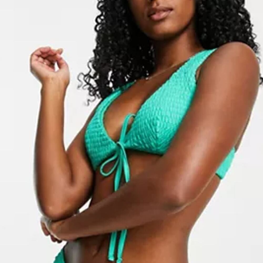 New ~ ASOS DESIGN Shirred Tie Front Triangle Bikini Top Size 12 - Picture 2 of 6